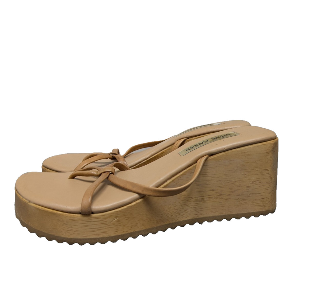 Steve Madden Platform Sandals Womens 8 Vintage Y2K Brown Toe Loop Wood